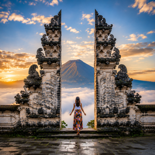 Scenic view of the Gate of Heaven at Lempuyang Temple, Tukad Cepung Waterfall, and authentic Balinese village life at Samsara Living.