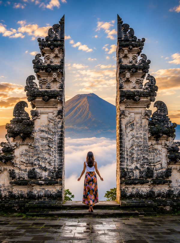 Scenic view of the Gate of Heaven at Lempuyang Temple, Tukad Cepung Waterfall, and authentic Balinese village life at Samsara Living.