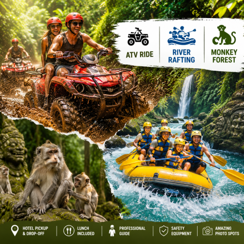 Adventure seekers riding ATVs through muddy jungle trails and rafting on the Ayung River during a private Bali adventure tour.
