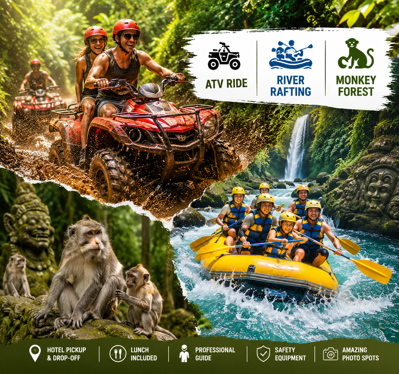 Adventure seekers riding ATVs through muddy jungle trails and rafting on the Ayung River during a private Bali adventure tour.