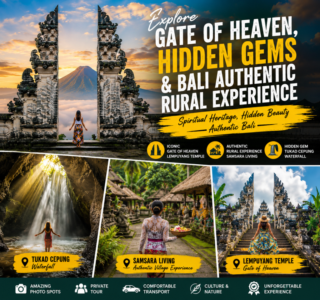 Visitors exploring Lempuyang Temple Gate of Heaven, Samsara Living authentic Balinese village, and Tukad Cepung Waterfall during a private East Bali tour.