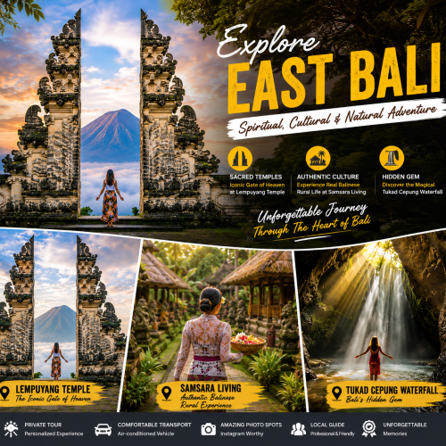 Tourists visiting Lempuyang Temple Gate of Heaven, exploring Tukad Cepung Waterfall, and experiencing Balinese culture at Samsara Living in East Bali.