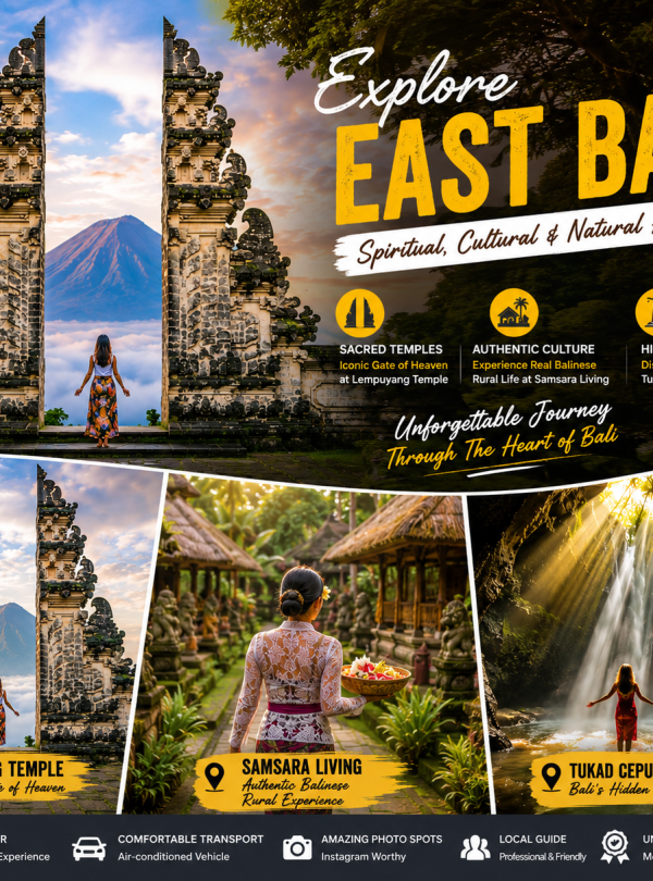 Tourists visiting Lempuyang Temple Gate of Heaven, exploring Tukad Cepung Waterfall, and experiencing Balinese culture at Samsara Living in East Bali.