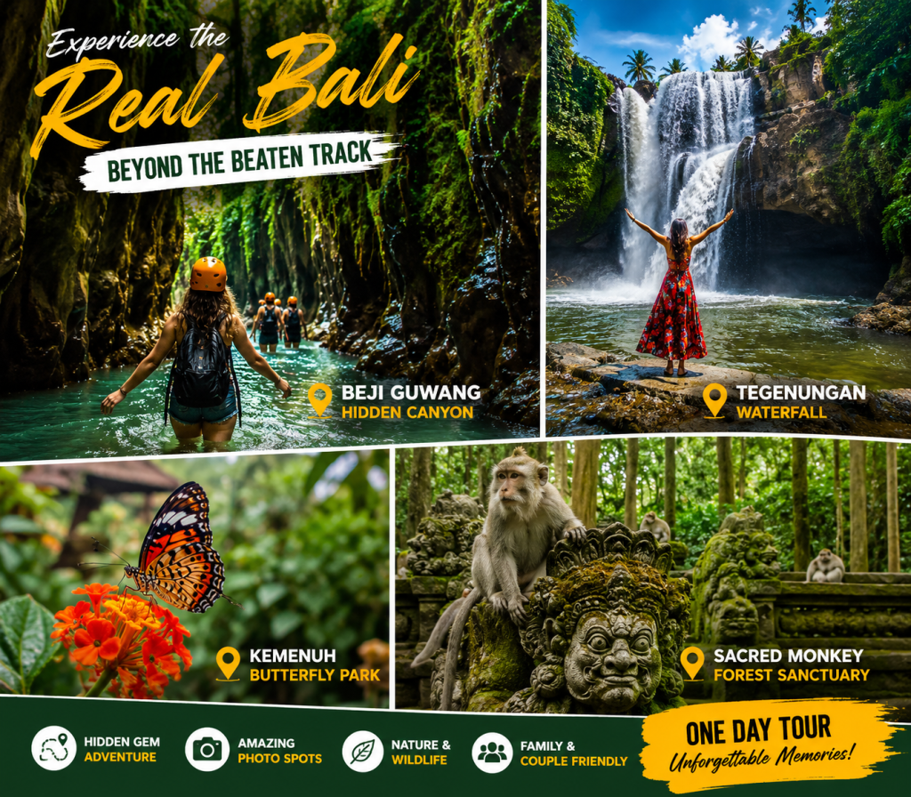 Travelers exploring Beji Guwang Hidden Canyon, Tegenungan Waterfall, Kemenuh Butterfly Park, and Sacred Monkey Forest Sanctuary during a private Bali nature adventure tour.