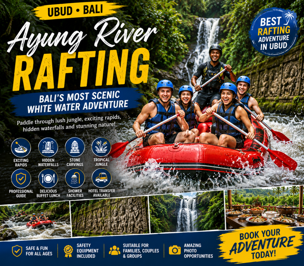 Ayung River Rafting through tropical rainforest in Ubud White water rafting on the Ayung River in Bali Rafting team navigating Class II and III rapids in Ubud Hidden waterfall along the Ayung River rafting route Professional rafting guide leading guests in Bali Family enjoying Ayung River Rafting adventure Ancient stone carvings beside the Ayung River Scenic jungle rafting experience in Ubud Couple rafting on the Ayung River in Bali Best Ayung River Rafting experience in Ubud