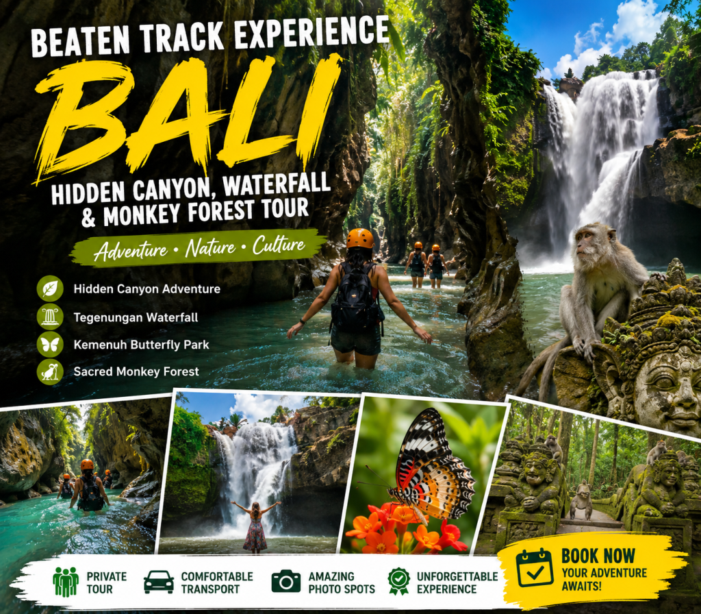 Tourists exploring Hidden Canyon, Tegenungan Waterfall, Kemenuh Butterfly Park, and Sacred Monkey Forest in Bali